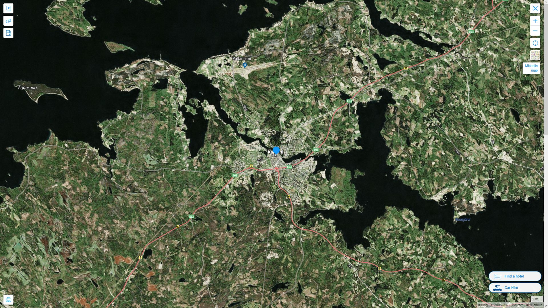 Kajaani Finlande Autoroute et carte routiere avec vue satellite